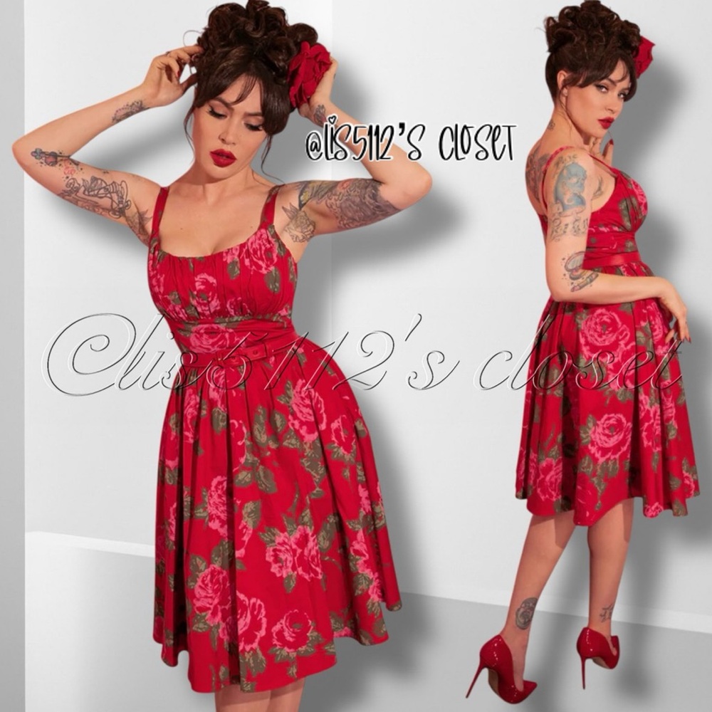 Vixen by Micheline Pitt Ingenue Swing Dress in Vintage Red Rose Print 3X - Picture 16 of 16